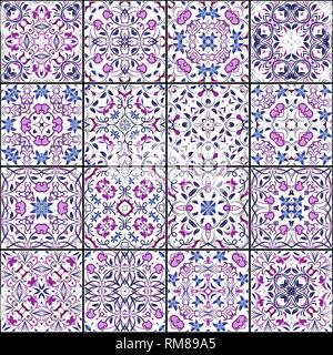 A collection of ceramic tiles in violet colors. Set of square patterns in arabic style. Vector illustration. Stock Vector
