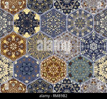 Multicolor vector set of hexagonal tiles in Arabic style. Oriental designs for the design of ceramics, textiles or scrapbooking. Stock Vector