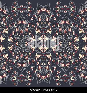 Seamless arabic patterns for border. Repeated oriental motif for fabric or paper design. Arabic pattern in red colors on black background. Stock Vector