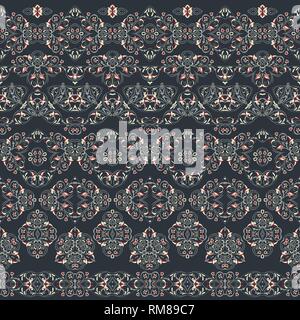 Seamless arabic patterns for border. Repeated oriental motif for fabric or paper design. Arabic pattern in red colors on black background. Stock Vector