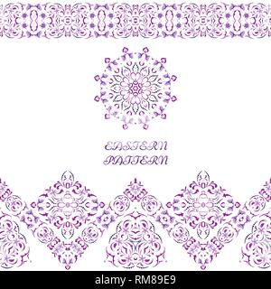 Seamless arabic patterns for border. Repeated oriental motif for fabric or paper design. Violet pattern on a white background. Stock Vector