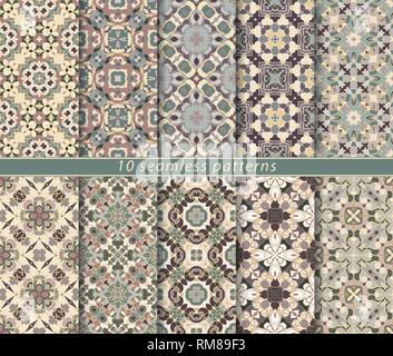 Vector set of ten seamless abstract patterns in shades of green and beige. Decorative and design elements for textile, book covers, manufacturing, wal Stock Vector