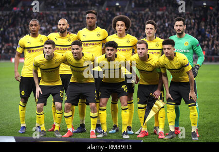 Borussia Dortmund's (top row, from left to right) Abdou Diallo, Omer Toprak, Dan-Axel Zagadou, Axel Witsel, Thomas Delaney and Roman Burki (bottom row, from left to right) Christian Pulisic, Achraf Hakimi, Mahmoud Dahoud, Mario Gotze and Jadon Sancho during the UEFA Champions League round of 16, first leg match at Wembley Stadium, London. Stock Photo