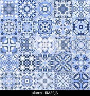 A collection of ceramic tiles in blue colors. A set of square patterns in oriental style. Vector illustration. Stock Vector
