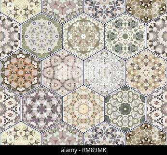Seamless hexagonal mosaic tiles in vector set. Oriental and ethnic motifs in design patterns. Stock Vector