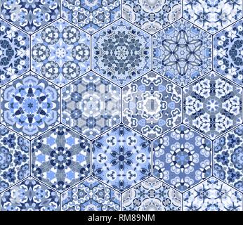 Seamless hexagonal mosaic tiles in vector set. Oriental and ethnic motifs in design patterns. Stock Vector