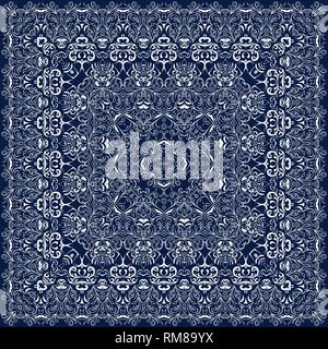 Blue handkerchief with white ornament. Square ornament for print on fabric, vector illustration. Stock Vector