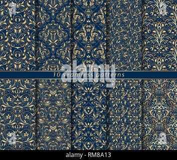 Collection of seamless gold patterns on blue background. Rich ornamentation in the Baroque style. Ten vector illustrations for textile design, packagi Stock Vector