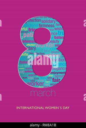 International Women's Day title with number 8 and a cloud of words inside the silhouette in green, blue, pink and violet colors on a purple background Stock Vector