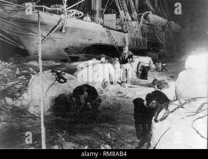 dog teams with ice kennels and crew member in front of Shackletons ship the Endurance stuck in ice formation in Antarctica at night Stock Photo