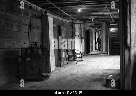 First-floor gallery in Bellgården, an ancient passageway in Bryggen, Bergen, Hordaland, Norway.  Black and white version Stock Photo