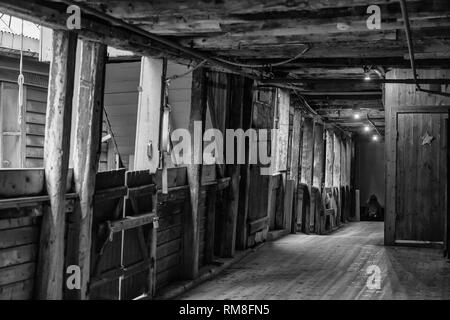 First-floor gallery in Bellgården, an ancient passageway in Bryggen, Bergen, Hordaland, Norway.  Black and white version Stock Photo