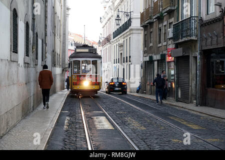 Well known tram in Lisbon, Portugal. A popular way to travel in the city. Stock Photo