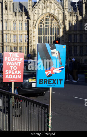 Brexit protest posters outside the houses of Parliament in London Stock Photo