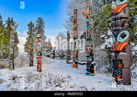 Totem Poles in winter, Brockton Point, Stanley Park, Vancouver, British Columbia, Canada Stock Photo