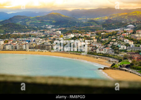 View of La Concha beach at San Sebastian, Donostia from monte Igeldo. Landscape Stock Photo
