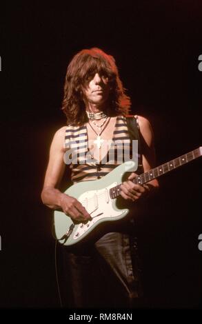 Guitarist Jeff Beck is shown performing on stage during a 'live' in concert appearance. Stock Photo
