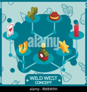 Wild west color isometric concept icons. American Frontier. Vector illustration, EPS 10 Stock Vector