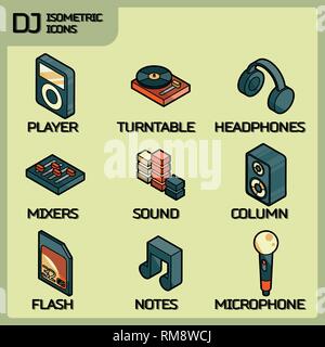 DJ color outline isometric icons. Night club. Party, music composing, design elements for mobile applications and info-graphics in modern style. Stock Vector