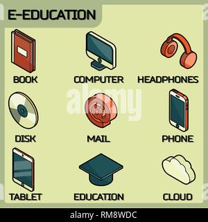 E-education color outline isometric icons set for Web Isolated on White Background. Vector illustration Stock Vector