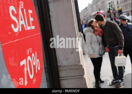 A sign seen advertising discounts on Regent Street in central London. February 15 sees the release of the first monthly retail sales figures of the year (for January) from the UK's Office for National Statistics. December figures revealed a 0.9 percent fall in sales from the month before, which saw a 1.4 percent rise widely attributed to the impact of 'Black Friday' deals encouraging earlier Christmas shopping. More generally, with a potential no-deal departure from the EU growing nearer and continuing to undermine consumer confidence in the UK, economy-watchers have little cause for optimism  Stock Photo