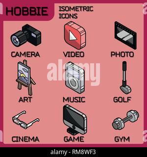 Hobbie color outline isometric icons set and infographics elements Stock Vector