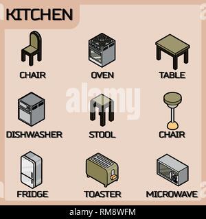 Kitchen color outline isometric icons set. Vector illustration, EPS 10 Stock Vector