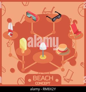 Beach color outline isometric concept icons. Summer vacation. Vector illustration, EPS 10 Stock Vector