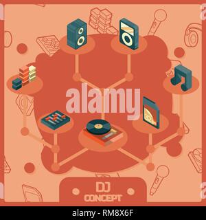 DJ color isometric concept icons . Night club. Party, music composing, design elements Stock Vector