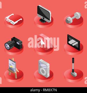 Hobbie color ioutline isometric icons set and infographics elements Stock Vector