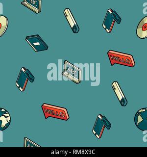 Languages color outline isometric pattern. Set of modern linear icons on the topic of learning a foreign language. Vector logos for schools, colleges  Stock Vector