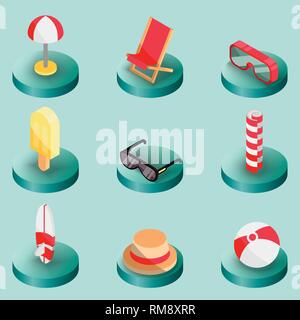 Beach outline isometric icons. Summer vacation. Vector illustration, EPS 10 Stock Vector