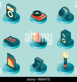 DJ color isometric icons. Night club. Party, music composing, design elements for mobile applications and info-graphics in modern flat style. Stock Vector