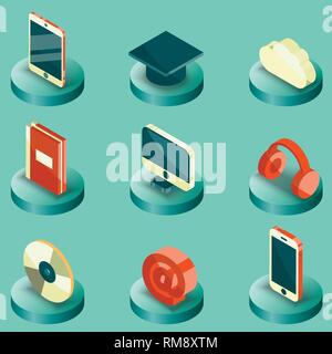 E-education color isometric icons set for Web Isolated on White Background. Vector illustration Stock Vector
