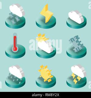 Isometric outline icons, 3D pictograms vector set - Weather color symbol collection Stock Vector