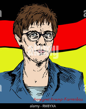 Annegret Kramp-Karrenbauer, Leader of the Christian Democratic Union (CDU), drawn by hand illustration, simple lines ink drawing on flag backgr Stock Photo