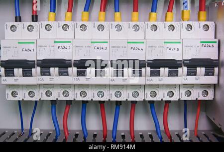 Image shows control cubicle. Electric device and circuit breakers inside power case Stock Photo