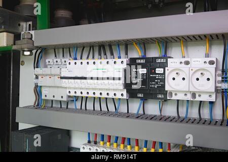 Image shows control cubicle. Electric device and circuit breakers inside power case Stock Photo