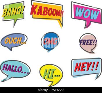 Comic style bubble speech cartoon set isolated on white background vector illustration. Pop art bubble speech of bang, kaboom, wow, ouch, OMG, free, h Stock Vector