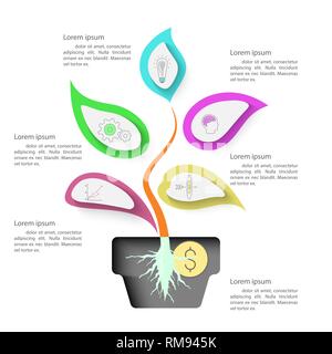 Tree infographic with strong root in pot, and decorate with icons. Stock Vector