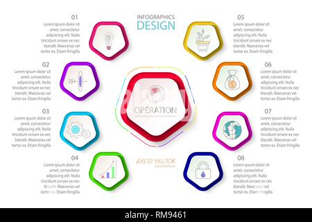 Pentagons label infographic with 9 steps. Stock Vector