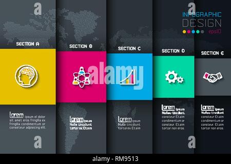 Five labels with business icon infographics. Stock Vector
