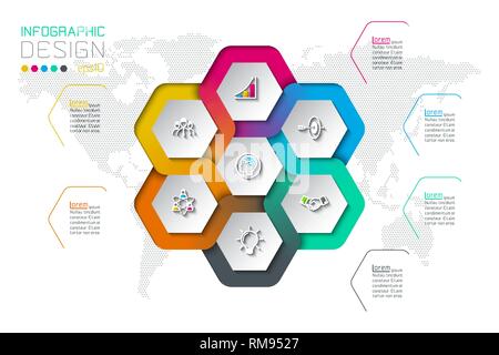 Business hexagon labels shape infographic on circle. Stock Vector