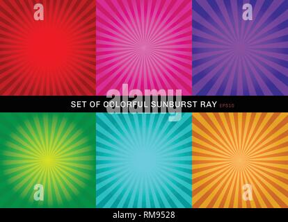 Set of retro shiny colorful starburst background. Collection of abstract sunburst radial red, pink, purple, green, blue, orange backgrounds. Vector il Stock Vector