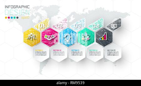 Business hexagon labels shape infographic groups bar. Stock Vector