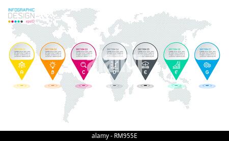 Seven circles with business icon infographics on world map background. Stock Vector