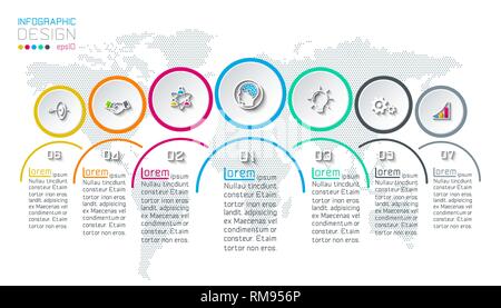Seven circles with business icon infographics on world map background. Stock Vector