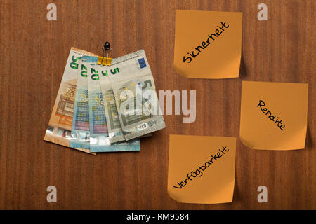 Several pieces of paper, post its hang on the wooden pin board and euro money,  notes , with the german words Sicherheit, Rendite, Verfuegbarkeit, wri Stock Photo
