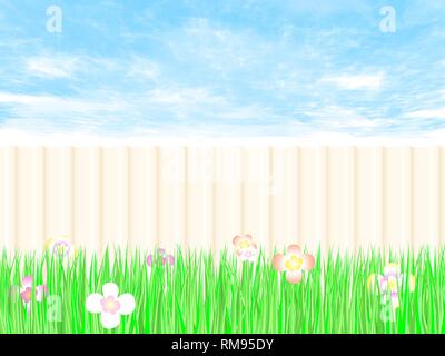 Gardening fence a backyard with blue sky. Stock Vector