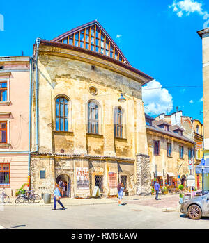 KRAKOW, POLAND - JUNE 21, 2018: The magnificent medieval High Synagogue in Kazimierz district with strong buttresses and large windows of the second f Stock Photo